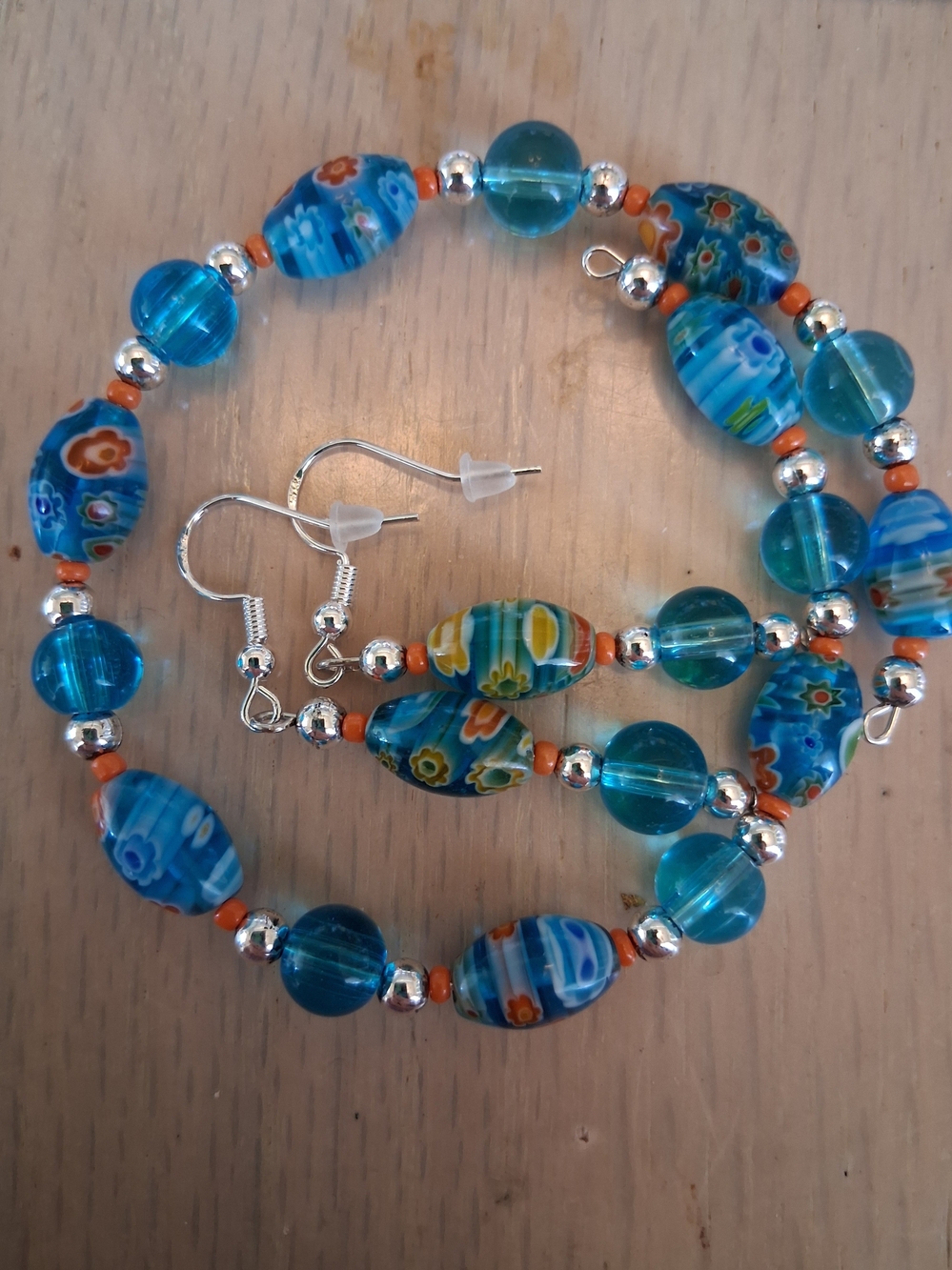 Handmade Blue & Orange Glass Bead Bracelet & Earrings Set